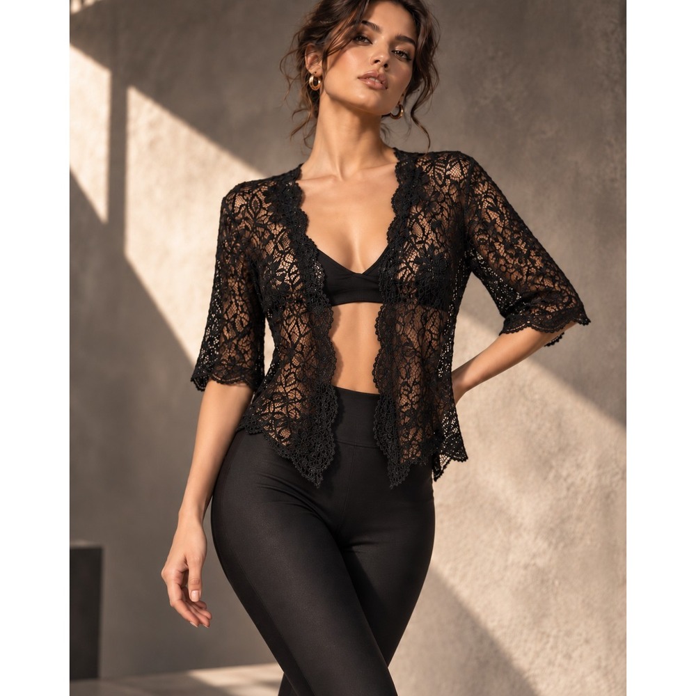 Lord & Taylor Black Floral Lace Open Front Cardigan Shrug Elbow Sleeve Medium